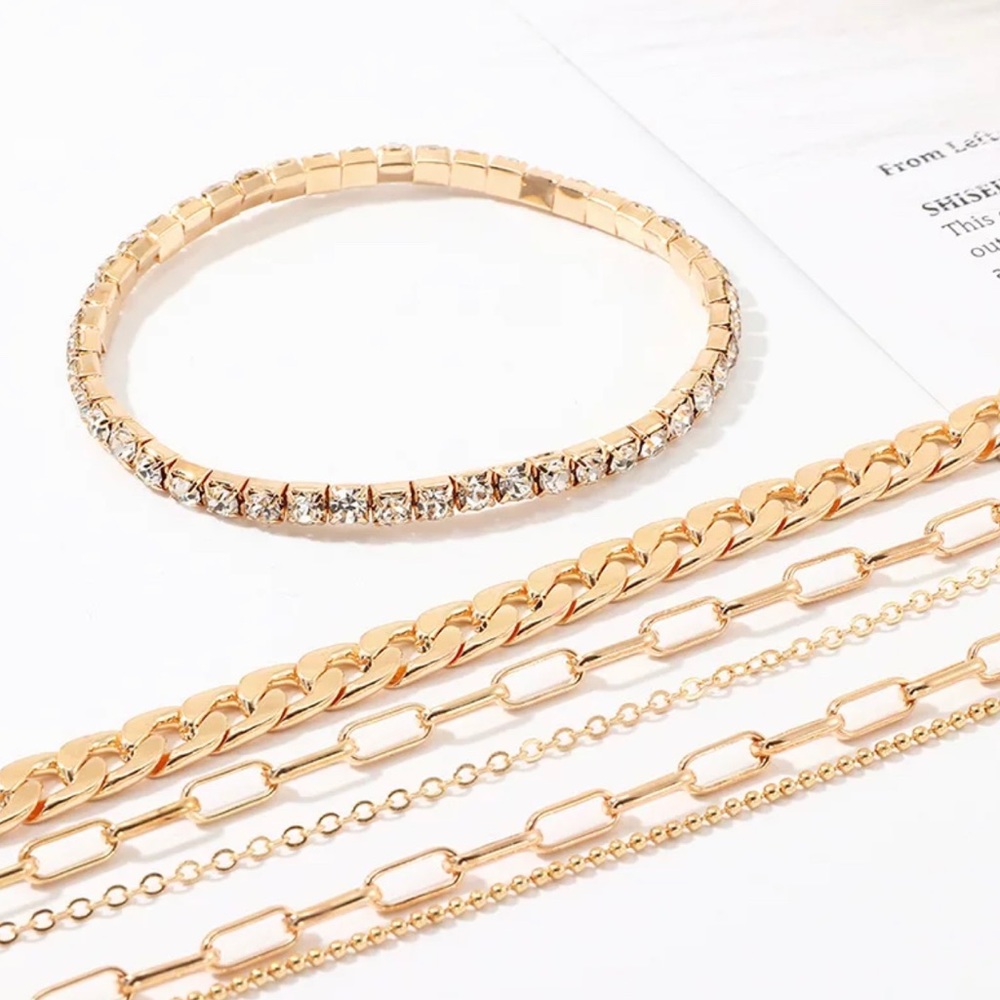Gold Chain & Rhinestone Anklet Set